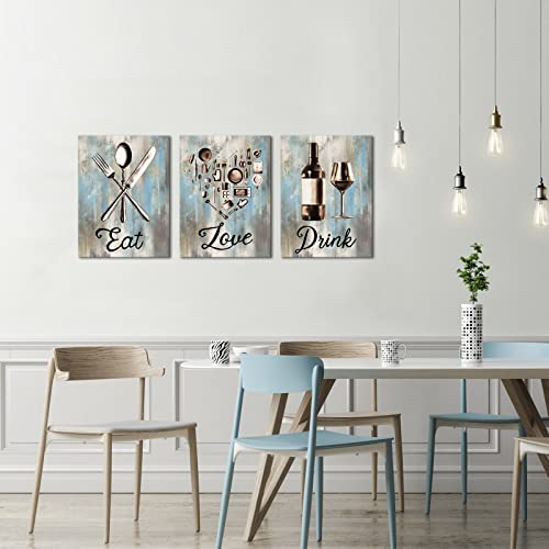 Kitchen Wall Art Canvas Prints Set - Vintage Utensils Eat Love Drink Sign 12x16 Inch Trio