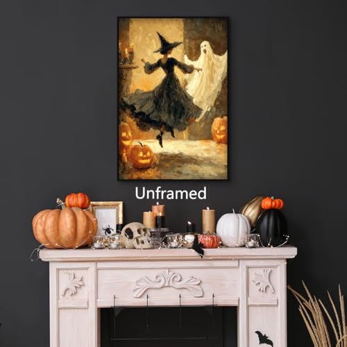 Halloween Witch & Ghost Canvas Wall Art - Unframed 8x12in Moody Gothic Decor - Dancing Witch & Ghost Variation
