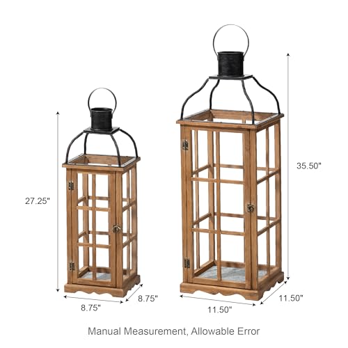 Natural Wood & Black Metal Farmhouse Candle Lanterns Set of 2 - 25 & 18.75 Inches