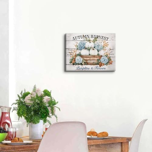 Fall Canvas Wall Art Farmhouse Pumpkins & Hydrangeas 16x12 Inches - Pumpkin02