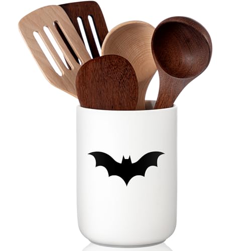 Halloween Bat Ceramic Utensil Holder - Gothic Kitchen Countertop Organizer with Customizable Sticker - Farmhouse Decor