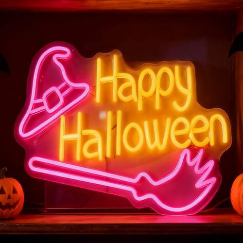 Happy Halloween Neon Sign - Pink Witch Hat & Broom LED Decor - 16.5x11 in - USB Powered - Variation of THIS listing