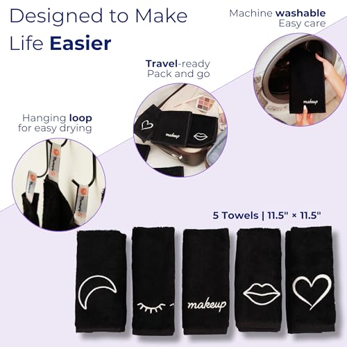 Black Makeup Washcloths Set of 5 - Soft, Durable Face Towels for Makeup Removal
