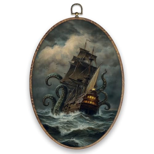 Nautical Octopus Pirate Ship Wall Art - Oval Canvas Decor for Kids & Home