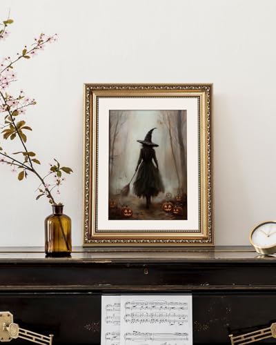 Halloween Witch Canvas Wall Art - Foggy Forest Scene, 16x13 Inches - Framed Print - Dark Gothic Home Decor - Variation of Witch in Foggy