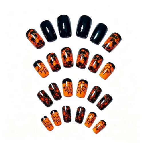 Halloween Press On Nails Orange Gradient Fake Nails with Spider Web Design - Variation Hall10