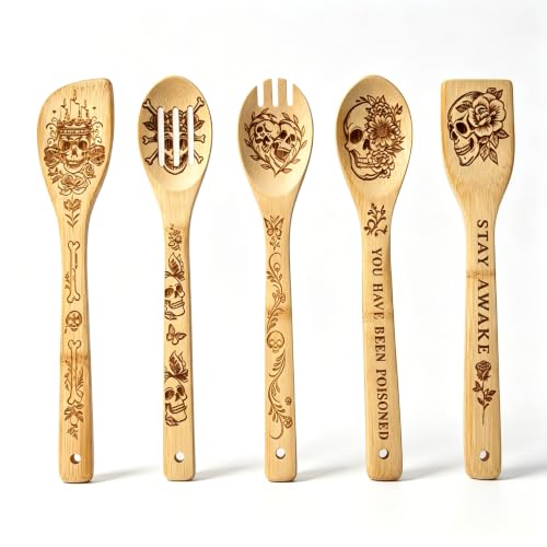 Skull Wooden Cooking Spoons Set - Gothic Halloween Kitchen Utensils, 5-Piece