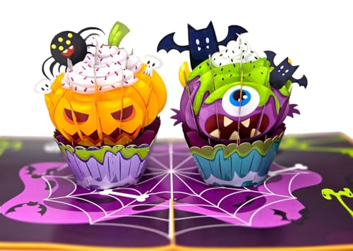 Halloween 3D Pop Up Card with Cupcake Monsters & Spooky Details - Handmade Greeting Card with Envelope