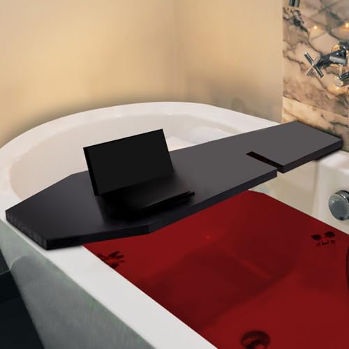 Halloween Coffin Bathtub Tray with Tablet and Wine Holder - Black Wooden Bath Caddy