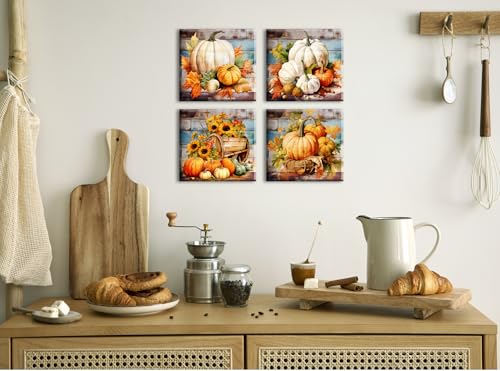 Autumn Pumpkin Wall Art Set - 12x12 Inch Farmhouse Canvas Prints - Variation of Pumpkin-3