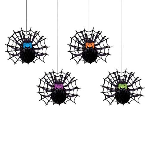 Halloween Hanging Spider Decorations Set - 4 Pcs, 3D Honeycomb Design, Adorable Spooky-Cute Faces, A19 Variation