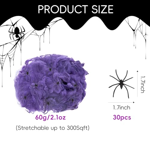 Purple Halloween Spider Web Decoration - 300 Sq Ft Stretchy Cobwebs with 30 Spiders
