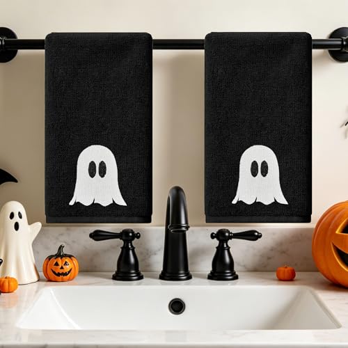 Halloween Hand Towels Set - 14x30 Inch Embroidered Ghost Bathroom Decor - Hexagram