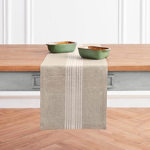 Linen Table Runner 14x120 Inches - White & Natural Striped, Handcrafted