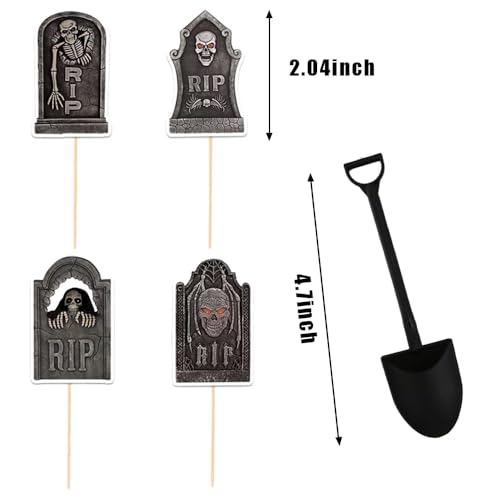 Halloween Cupcake Toppers & Mini Shovel Spoons Set - 48 Pcs, Skeleton Tombstones - Variation 1