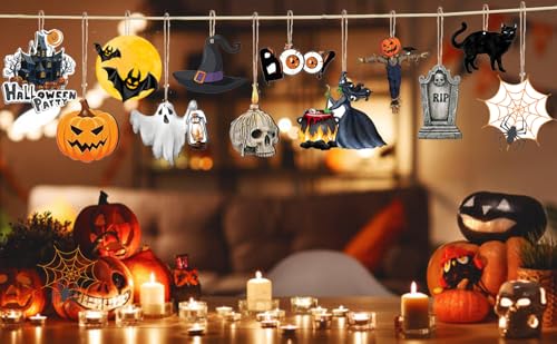 24 Pcs Halloween Tree Ornaments Double-Sided Wooden Decorations with Rope for Indoor Party and Holiday Decor