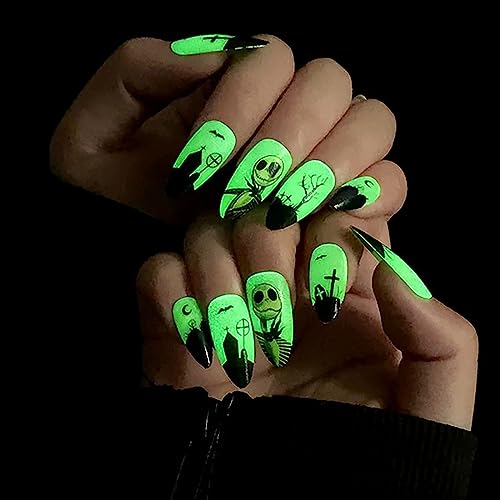 Halloween Press On Nails Medium Almond Glow in The Dark Full Cover Nightmare Christmas Fake Nails - Variation 10