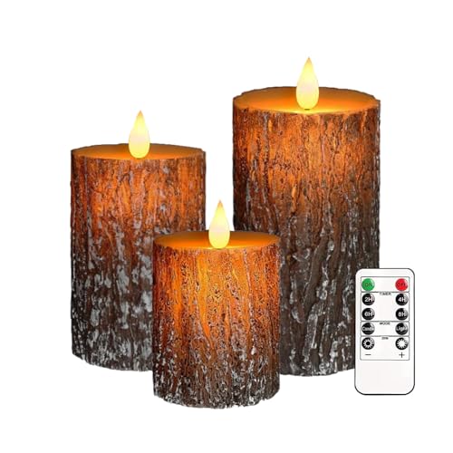 Pine Bark Flameless Candle Set of 3 with Remote & Timer - Brown Variation