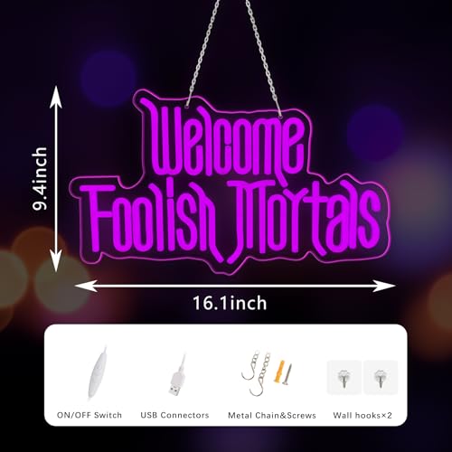 Welcome Foolish Mortals Neon Sign - Halloween Haunted House Decor - USB Powered