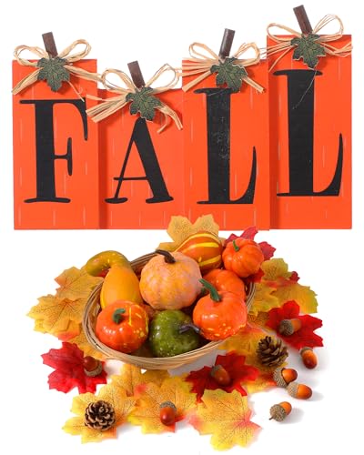 Fall Pumpkin Harvest Decor Set with 50 Artificial Gourds & 4 Wooden Signs