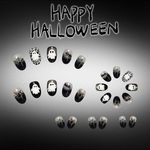 Halloween Press On Nails - Medium Oval Black Ghost Pumpkin Spiderweb Style-39, 24Pcs