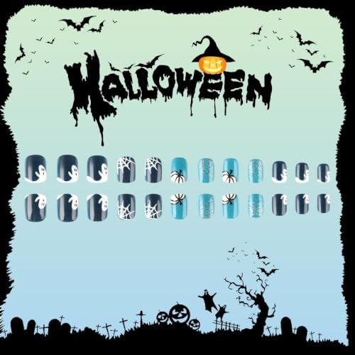 Halloween Short Square Press On Nails with Ghost Pumpkin & Web Design - Blue Glitter Full Cover Reusable 24Pcs - Variation: Color33