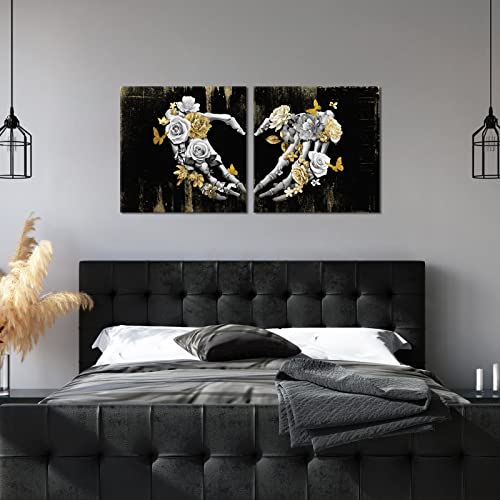 Large Gothic Skull Wall Art Decor Set - Black, Gray & Gold Framed Canvas Artwork (24x24 Inch, 2 Pieces)