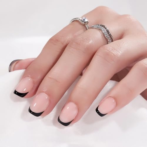 French Tip Short Square Press-On Nails Kit - 14 Classic Black Variation