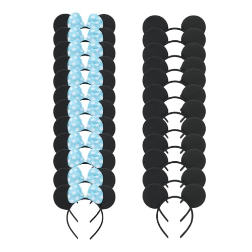 Blue 24 Pcs Mouse Costume Headbands with Plush Ears & Bow for Parties