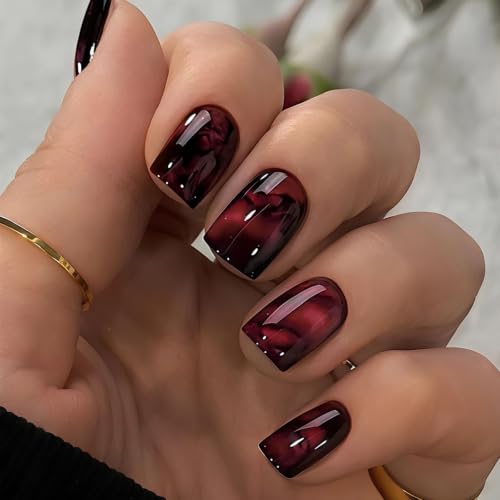 Halloween Short Square Press On Nails Set - Burgundy Black Gradient, Style7
