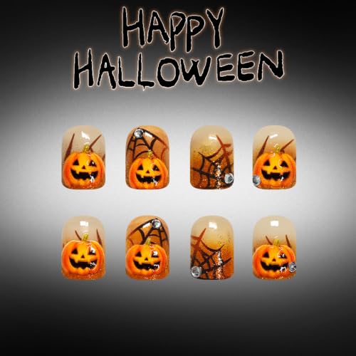 Halloween Press-On Nails Short Square with 3D Pumpkin Spider Web Glitter Rhinestone Designs, Orange & Black, 24Pcs