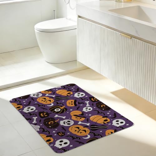Purple Halloween Bathroom Mat with Jack‑O‑Lantern Skull Ghost - Bath Decor