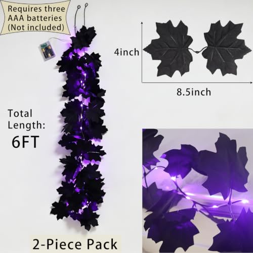 Halloween Decor Black Maple Leaf Garland with Purple LED String Lights - 6.5Ft, Battery Operated, Spooky Home Accent