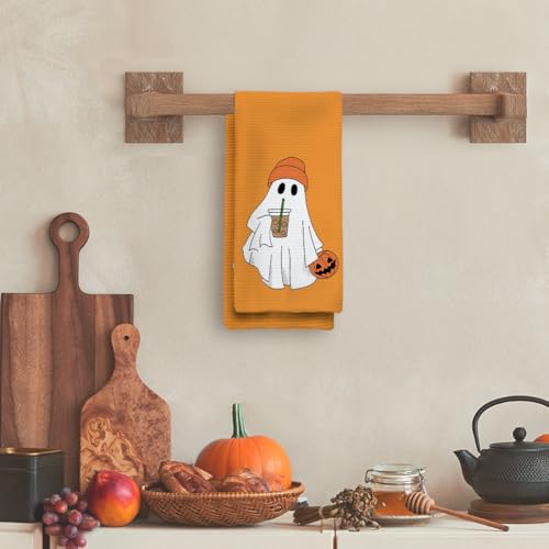 Halloween Kitchen Towels - Ghost & Pumpkin Decor Hand Towels for Fall, 16x24in, Orange Variation