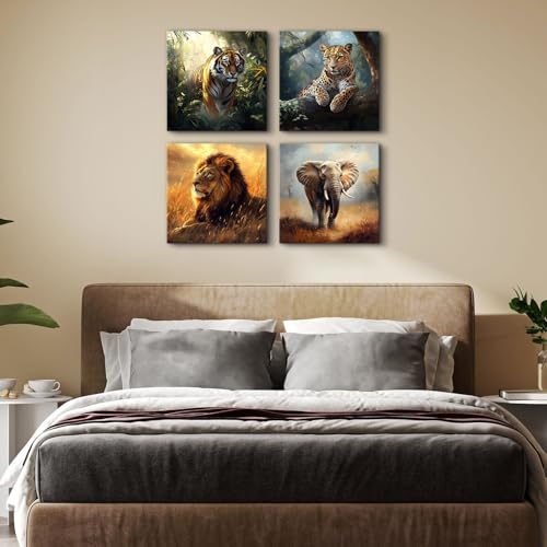 Wildlife Animals Canvas Wall Art Set - 16x16 Inch Safari Animal Decor for Living Room & Nursery - 4 Pieces - Elephant Lion Tiger Leopard - Jungle Wildlife Art