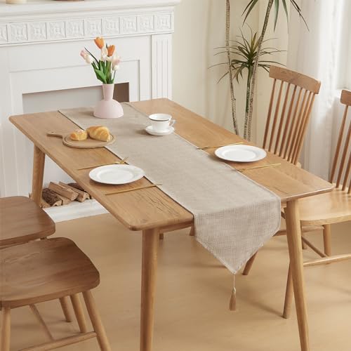 Beige 14x71 Inch Polyester Table Runner with Tassels, Water-Resistant & Wrinkle-Free