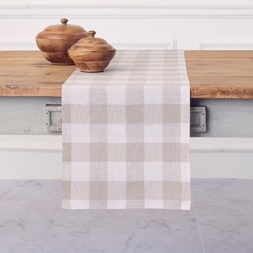Linen Table Runner 14x120 Inches with Natural White Check - Handcrafted, Machine Washable