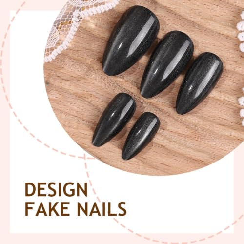 Press On Nails Medium Almond Black Cat Eye - Style-25, 24 Pieces