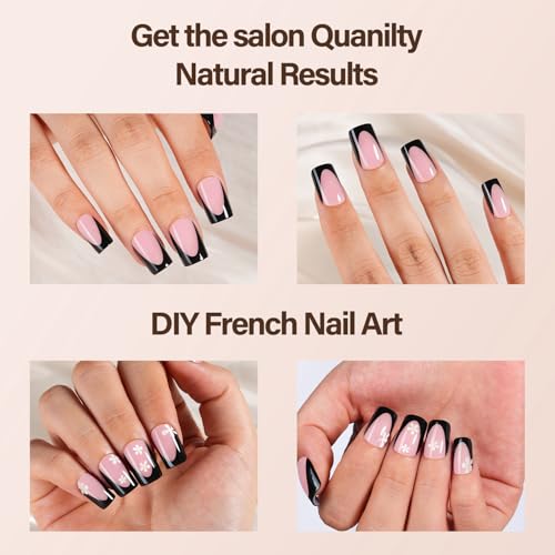 Deep French Gel Fake Nails Short Square Black French Tips - 150Pcs