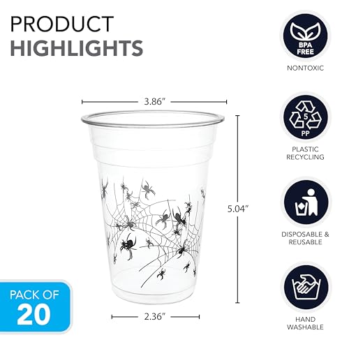 Halloween Party Cups 20-Count 16 oz Plastic Spider Print Tumblers - Reusable & Disposable