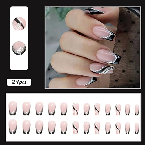 24PCS French Tip Press-On Nails Medium Length Square Fake Nails with Silver Glitter Line Designs