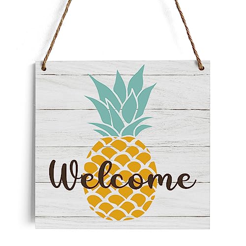 Welcome Pineapple Wooden Sign - Summer Farmhouse Wall Decor, 7.1x7.1 Inches, Rustic Porch Entryway Decor - Variation of WelcomePineapple