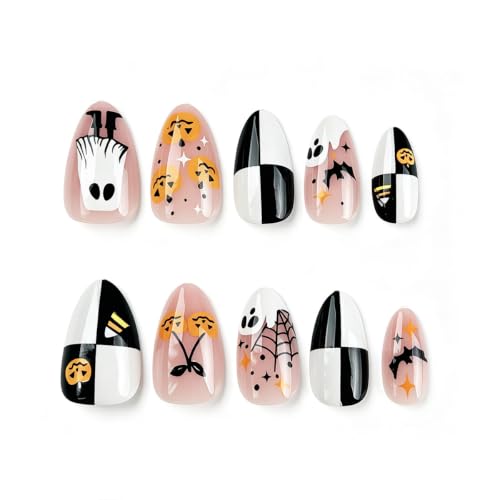 Halloween Short Almond Press On Nails - Style-4, 30 Pcs Reusable Fake Nails