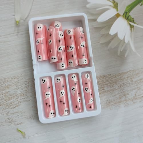 Halloween Ghost Fake Nails - Extra Long Press-On Nails with White Ghost Design