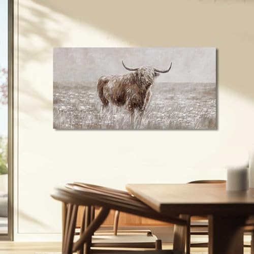 Highland Cow Canvas Wall Art Rustic Decor - Brown, 48 x 24 Inches