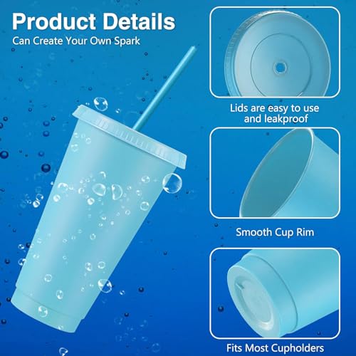 Reusable Plastic Cup with Lid and Straw - 24 oz Blue, Set of 12