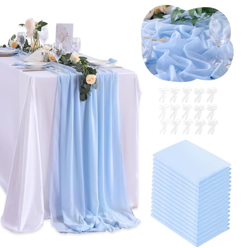 Blue Chiffon Table Runner 15 Pieces 27x120 Inches for Wedding & Party Decor - QueenDream