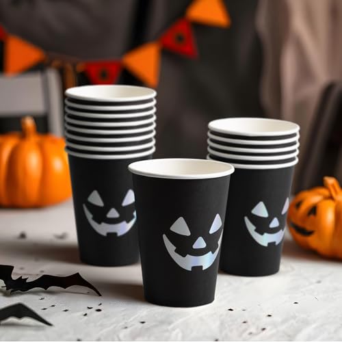 Halloween Disposable Paper Cups - Jack O' Lantern, Black & Silver, 12 oz, Bulk 50 Pack