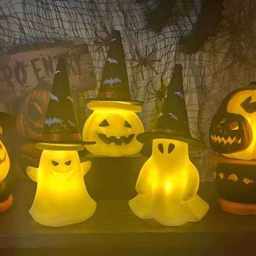 Light Up Ghost Pumpkin Figurine Set - Halloween Decor with Witch Hats - Classic Variation