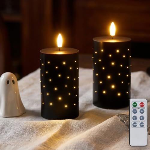 Black Fiber Optic LED Candles with Remote Control - 2-Pack Flameless Wax Pillars